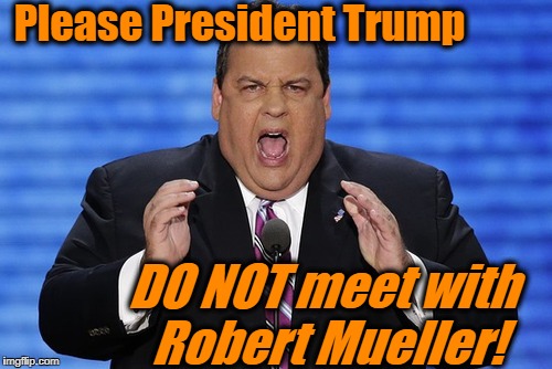 Chris Christie's first opinion as a contributor for ABC News is to give a warning to Trump |  Please President Trump; DO NOT meet with Robert Mueller! | image tagged in christie | made w/ Imgflip meme maker