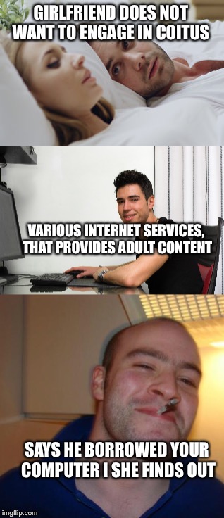 GIRLFRIEND DOES NOT WANT TO ENGAGE IN COITUS; VARIOUS INTERNET SERVICES, THAT PROVIDES ADULT CONTENT; SAYS HE BORROWED YOUR COMPUTER I SHE FINDS OUT | image tagged in memes,funny,good guy greg | made w/ Imgflip meme maker