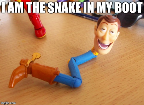 Theres a snake in my boot | I AM THE SNAKE IN MY BOOT | image tagged in toy story,woody,memes,snake | made w/ Imgflip meme maker