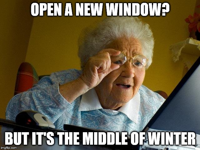 Grandma Finds The Internet | OPEN A NEW WINDOW? BUT IT'S THE MIDDLE OF WINTER | image tagged in memes,grandma finds the internet | made w/ Imgflip meme maker