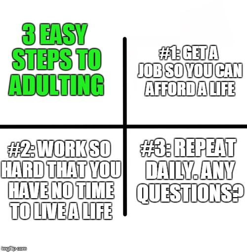 Adulting Reality  | #1: GET A JOB SO YOU CAN AFFORD A LIFE; 3 EASY STEPS TO ADULTING; #2: WORK SO HARD THAT YOU HAVE NO TIME TO LIVE A LIFE; #3: REPEAT DAILY. ANY QUESTIONS? | image tagged in memes,blank starter pack | made w/ Imgflip meme maker