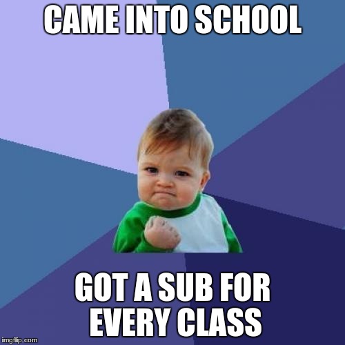School subbing | CAME INTO SCHOOL; GOT A SUB FOR EVERY CLASS | image tagged in memes,success kid,school,high school | made w/ Imgflip meme maker