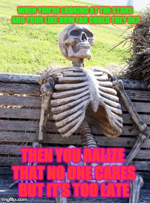 Waiting Skeleton Meme | WHEN YOU'RE LOOKING AT THE STARS AND YOUR LIKE HOW FAR COULD THEY BE? THEN YOU RALIZE THAT NO ONE CARES BUT IT'S TOO LATE | image tagged in memes,waiting skeleton | made w/ Imgflip meme maker