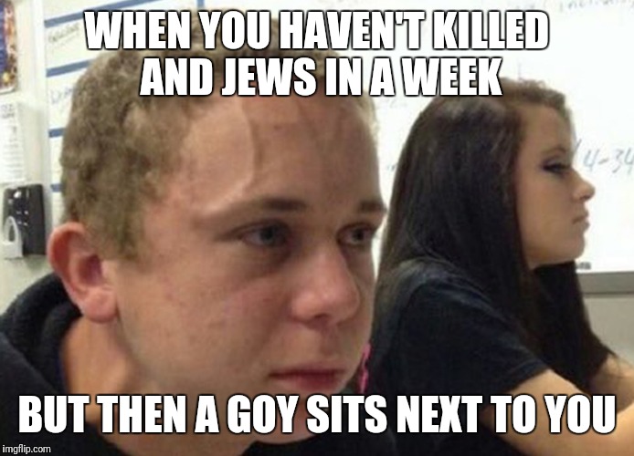 When you haven't.. | WHEN YOU HAVEN'T KILLED AND JEWS IN A WEEK; BUT THEN A GOY SITS NEXT TO YOU | image tagged in when you haven't | made w/ Imgflip meme maker
