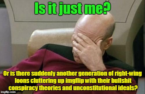 time for citizenship classes again, kiddies - patriotism doesn't just mean slapping a bald eagle on everything | Is it just me? Or is there suddenly another generation of right-wing loons cluttering up imgflip with their bullshit conspiracy theories and unconstitutional ideals? | image tagged in memes,captain picard facepalm,politics,conservatives,right wing,conspiracy theories | made w/ Imgflip meme maker