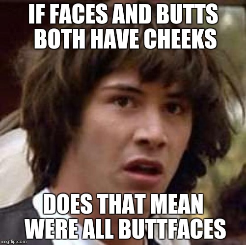 Conspiracy Keanu Meme | IF FACES AND BUTTS BOTH HAVE CHEEKS; DOES THAT MEAN WERE ALL BUTTFACES | image tagged in memes,conspiracy keanu | made w/ Imgflip meme maker