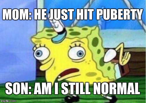 Mocking Spongebob | MOM: HE JUST HIT PUBERTY; SON: AM I STILL NORMAL | image tagged in memes,mocking spongebob | made w/ Imgflip meme maker