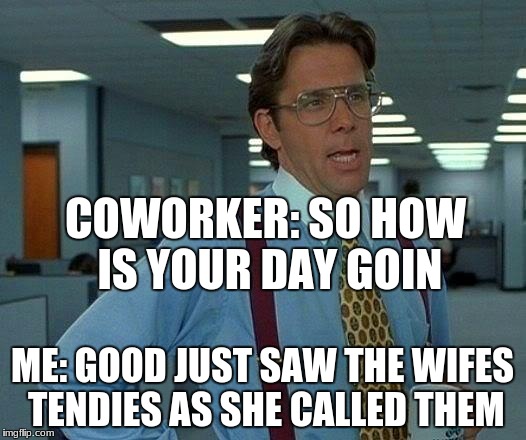 That Would Be Great Meme | COWORKER: SO HOW IS YOUR DAY GOIN; ME: GOOD JUST SAW THE WIFES TENDIES AS SHE CALLED THEM | image tagged in memes,that would be great | made w/ Imgflip meme maker