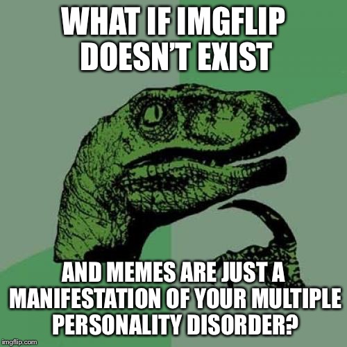 Philosoraptor Meme | WHAT IF IMGFLIP DOESN’T EXIST; AND MEMES ARE JUST A MANIFESTATION OF YOUR MULTIPLE PERSONALITY DISORDER? | image tagged in memes,philosoraptor | made w/ Imgflip meme maker