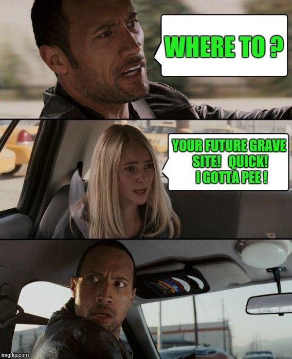 At Your Service, Ma'am | WHERE TO ? YOUR FUTURE GRAVE SITE!   QUICK!  I GOTTA PEE ! | image tagged in memes,the rock driving | made w/ Imgflip meme maker