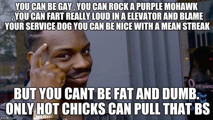 Roll Safe Think About It Meme | YOU CAN BE GAY , YOU CAN ROCK A PURPLE MOHAWK , YOU CAN FART REALLY LOUD IN A ELEVATOR AND BLAME YOUR SERVICE DOG YOU CAN BE NICE WITH A MEAN STREAK; BUT YOU CANT BE FAT AND DUMB. ONLY HOT CHICKS CAN PULL THAT BS | image tagged in memes,roll safe think about it | made w/ Imgflip meme maker