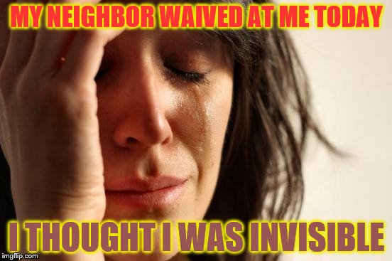 First World Problems | MY NEIGHBOR WAIVED AT ME TODAY; I THOUGHT I WAS INVISIBLE | image tagged in memes,first world problems | made w/ Imgflip meme maker