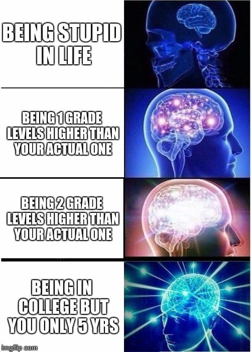 Different Ways People Think In A Nutshell | BEING STUPID IN LIFE; BEING 1 GRADE LEVELS HIGHER THAN YOUR ACTUAL ONE; BEING 2 GRADE LEVELS HIGHER THAN YOUR ACTUAL ONE; BEING IN COLLEGE BUT YOU ONLY 5 YRS | image tagged in memes,expanding brain | made w/ Imgflip meme maker