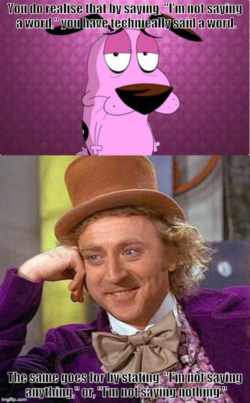 You do realise that by saying, "I'm not saying a word," you have technically said a word. The same goes for by stating, "I'm not saying anything," or, "I'm not saying nothing." | image tagged in courage the cowardly dog,wonka,word play | made w/ Imgflip meme maker