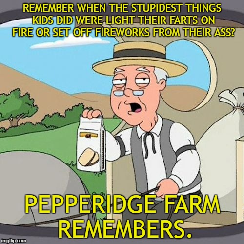 Pepperidge Farm Remembers | REMEMBER WHEN THE STUPIDEST THINGS KIDS DID WERE LIGHT THEIR FARTS ON FIRE OR SET OFF FIREWORKS FROM THEIR ASS? PEPPERIDGE FARM REMEMBERS. | image tagged in memes,pepperidge farm remembers,tide pod challenge,special kind of stupid | made w/ Imgflip meme maker