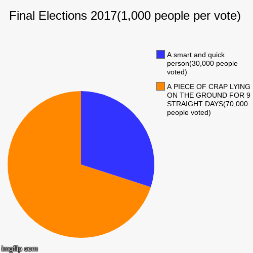 Final Elections 2017(1,000 people per vote) | A PIECE OF CRAP LYING ON THE GROUND FOR 9 STRAIGHT DAYS(70,000 people voted), A smart and quic | image tagged in funny,pie charts | made w/ Imgflip chart maker