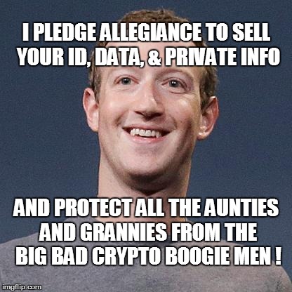 I PLEDGE ALLEGIANCE TO SELL YOUR ID, DATA, & PRIVATE INFO; AND PROTECT ALL THE AUNTIES AND GRANNIES FROM THE BIG BAD CRYPTO BOOGIE MEN ! | made w/ Imgflip meme maker