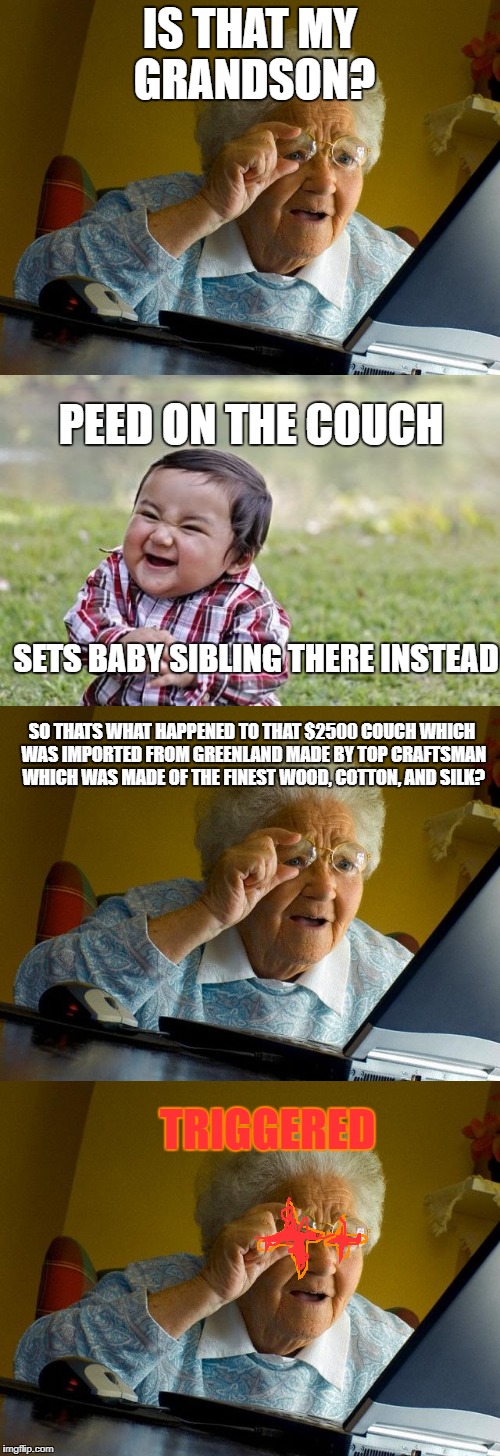 so thats what happened to the couch! | IS THAT MY GRANDSON? PEED ON THE COUCH; SETS BABY SIBLING THERE INSTEAD; SO THATS WHAT HAPPENED TO THAT $2500 COUCH WHICH WAS IMPORTED FROM GREENLAND MADE BY TOP CRAFTSMAN WHICH WAS MADE OF THE FINEST WOOD, COTTON, AND SILK? TRIGGERED | image tagged in evil toddler,grandma finds the internet,triggered | made w/ Imgflip meme maker