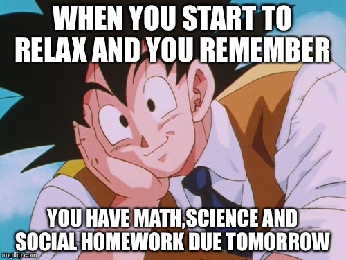 Condescending Goku Meme | WHEN YOU START TO RELAX AND YOU REMEMBER; YOU HAVE MATH,SCIENCE AND SOCIAL HOMEWORK DUE TOMORROW | image tagged in memes,condescending goku | made w/ Imgflip meme maker