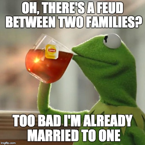 But That's None Of My Business | OH, THERE'S A FEUD BETWEEN TWO FAMILIES? TOO BAD I'M ALREADY MARRIED TO ONE | image tagged in memes,but thats none of my business,kermit the frog | made w/ Imgflip meme maker