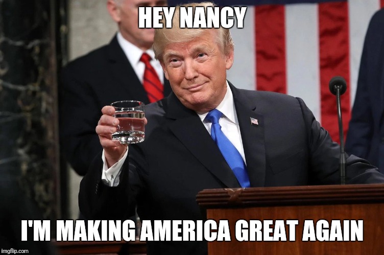 HEY NANCY; I'M MAKING AMERICA GREAT AGAIN | image tagged in donald trump | made w/ Imgflip meme maker