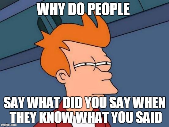 Futurama Fry | WHY DO PEOPLE; SAY WHAT DID YOU SAY WHEN THEY KNOW WHAT YOU SAID | image tagged in memes,futurama fry | made w/ Imgflip meme maker