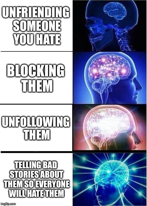Expanding Brain Meme | UNFRIENDING SOMEONE YOU HATE; BLOCKING THEM; UNFOLLOWING THEM; TELLING BAD STORIES ABOUT THEM SO EVERYONE WILL HATE THEM | image tagged in memes,expanding brain | made w/ Imgflip meme maker