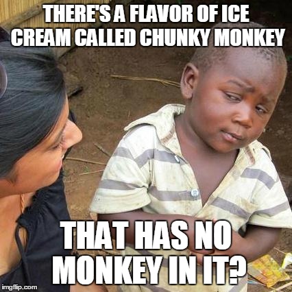 False advertising | THERE'S A FLAVOR OF ICE CREAM CALLED CHUNKY MONKEY; THAT HAS NO MONKEY IN IT? | image tagged in memes,third world skeptical kid,ice cream,ben and jerrys,false advertising,mm mmm delicious | made w/ Imgflip meme maker