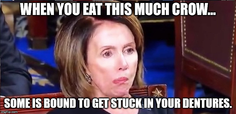 Pelosi teeth | WHEN YOU EAT THIS MUCH CROW... SOME IS BOUND TO GET STUCK IN YOUR DENTURES. | image tagged in pelosi teeth | made w/ Imgflip meme maker