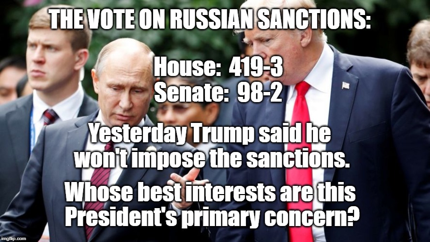 Russian Sanctions | THE VOTE ON RUSSIAN SANCTIONS:; House:  419-3; Senate:  98-2; Yesterday Trump said he won't impose the sanctions. Whose best interests are this President's primary concern? | image tagged in trump | made w/ Imgflip meme maker