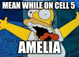 Homer Going Crazy | MEAN WHILE ON CELL 5; AMELIA | image tagged in homer going crazy | made w/ Imgflip meme maker