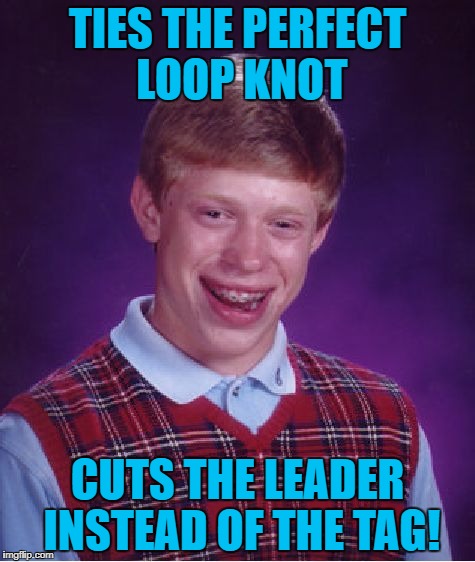 Shout out to WayneUrso | TIES THE PERFECT LOOP KNOT; CUTS THE LEADER INSTEAD OF THE TAG! | image tagged in memes,bad luck brian,fishing | made w/ Imgflip meme maker