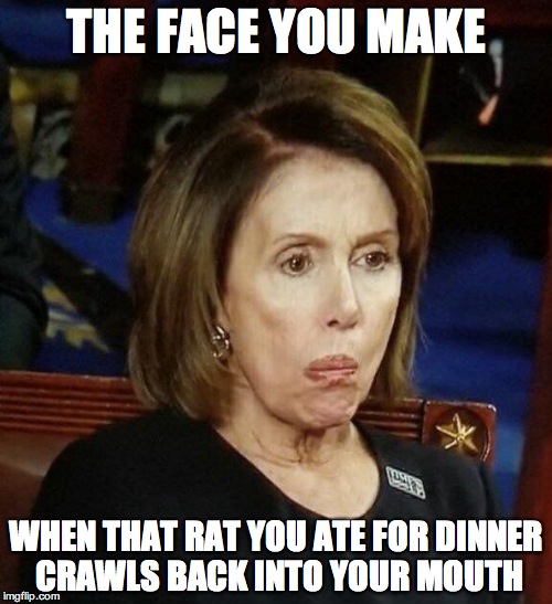 THE FACE YOU MAKE; WHEN THAT RAT YOU ATE FOR DINNER CRAWLS BACK INTO YOUR MOUTH | image tagged in nancy pelosi | made w/ Imgflip meme maker