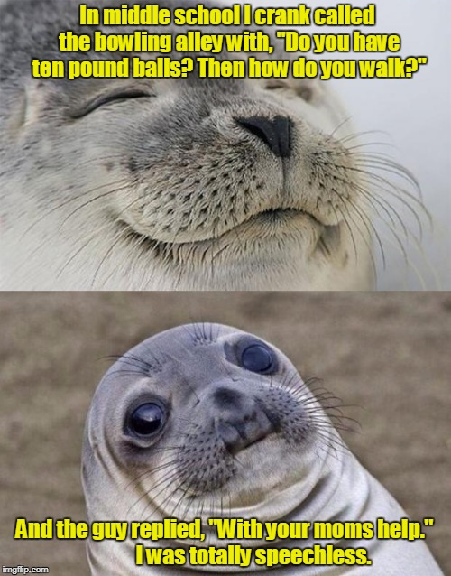 Short Satisfaction VS Truth Meme | In middle school I crank called the bowling alley with, "Do you have ten pound balls? Then how do you walk?"; And the guy replied, "With your moms help." 
            I was totally speechless. | image tagged in memes,short satisfaction vs truth | made w/ Imgflip meme maker