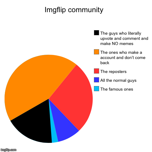 Imgflip community  | The famous ones, All the normal guys, The reposters, The ones who make a account and don’t come back, The guys who lite | image tagged in funny,pie charts | made w/ Imgflip chart maker