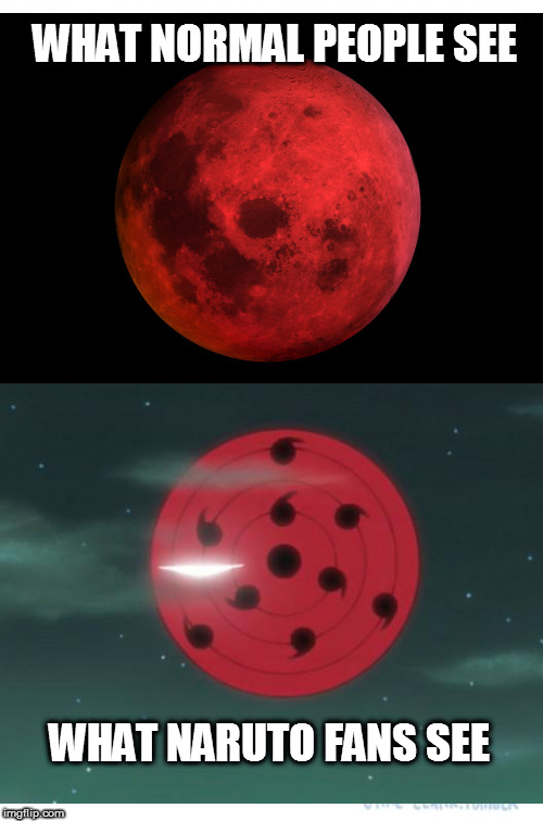 Infinite Tsukuyomi in real life | WHAT NORMAL PEOPLE SEE; WHAT NARUTO FANS SEE | image tagged in infinite tsukuyomi,naruto,blue blood moon | made w/ Imgflip meme maker