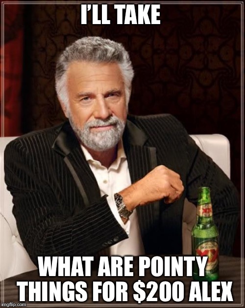 The Most Interesting Man In The World Meme | I’LL TAKE WHAT ARE POINTY THINGS FOR $200 ALEX | image tagged in memes,the most interesting man in the world | made w/ Imgflip meme maker