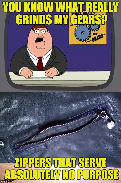 Like,why the hell do they even exist? | YOU KNOW WHAT REALLY GRINDS MY GEARS? ZIPPERS THAT SERVE ABSOLUTELY NO PURPOSE | image tagged in memes,peter griffin news,you know what really grinds my gears,powermetalhead,zipper,logic | made w/ Imgflip meme maker