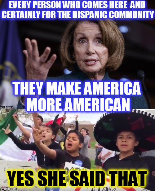EVERY PERSON WHO COMES HERE  AND CERTAINLY FOR THE HISPANIC COMMUNITY; THEY MAKE AMERICA MORE AMERICAN; YES SHE SAID THAT | image tagged in nancy pelosi wtf,illegal immigration,trump 2020,make america great again | made w/ Imgflip meme maker