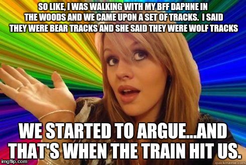 Dumb Blonde joke #2 | SO LIKE, I WAS WALKING WITH MY BFF DAPHNE IN THE WOODS AND WE CAME UPON A SET OF TRACKS.  I SAID THEY WERE BEAR TRACKS AND SHE SAID THEY WERE WOLF TRACKS; WE STARTED TO ARGUE...AND THAT'S WHEN THE TRAIN HIT US. | image tagged in dumb blonde,funny,memes | made w/ Imgflip meme maker