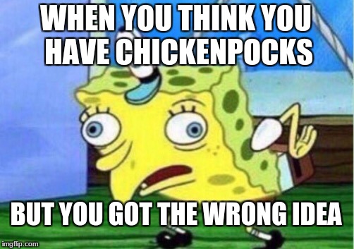 Mocking Spongebob Meme | WHEN YOU THINK YOU HAVE CHICKENPOCKS; BUT YOU GOT THE WRONG IDEA | image tagged in memes,mocking spongebob | made w/ Imgflip meme maker
