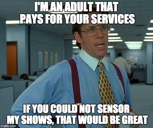 That Would Be Great Meme | I'M AN ADULT THAT PAYS FOR YOUR SERVICES; IF YOU COULD NOT SENSOR MY SHOWS, THAT WOULD BE GREAT | image tagged in memes,that would be great | made w/ Imgflip meme maker