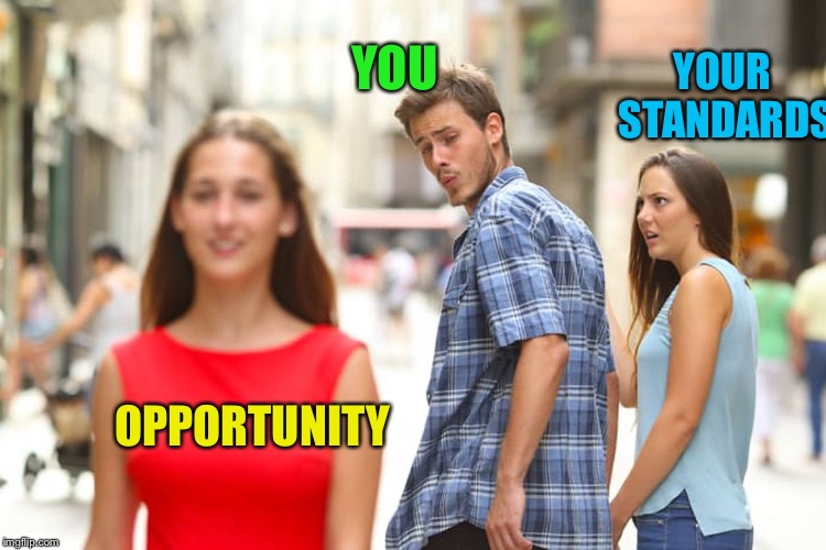 Distracted Boyfriend Meme | OPPORTUNITY YOU YOUR STANDARDS | image tagged in memes,distracted boyfriend | made w/ Imgflip meme maker