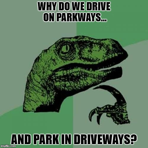 Philosoraptor Meme | WHY DO WE DRIVE ON PARKWAYS... AND PARK IN DRIVEWAYS? | image tagged in memes,philosoraptor | made w/ Imgflip meme maker