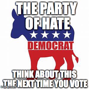 THE PARTY OF HATE; THINK ABOUT THIS THE NEXT TIME YOU VOTE | image tagged in democratic party | made w/ Imgflip meme maker