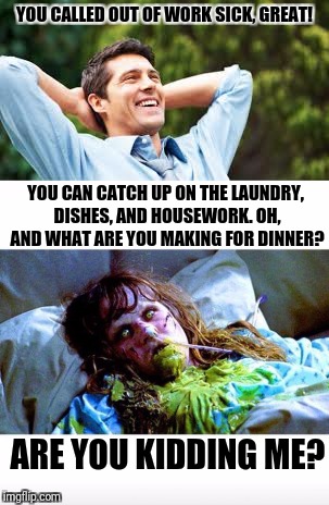 When I call out from work | YOU CALLED OUT OF WORK SICK, GREAT! YOU CAN CATCH UP ON THE LAUNDRY, DISHES, AND HOUSEWORK. OH, AND WHAT ARE YOU MAKING FOR DINNER? ARE YOU KIDDING ME? | image tagged in memes,husband,sick,wife | made w/ Imgflip meme maker
