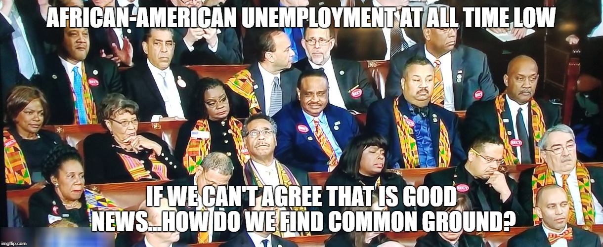 AFRICAN-AMERICAN UNEMPLOYMENT AT ALL TIME LOW; IF WE CAN'T AGREE THAT IS GOOD NEWS...HOW DO WE FIND COMMON GROUND? | image tagged in democrats | made w/ Imgflip meme maker