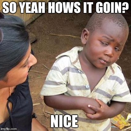 Third World Skeptical Kid Meme | SO YEAH HOWS IT GOIN? NICE | image tagged in memes,third world skeptical kid | made w/ Imgflip meme maker