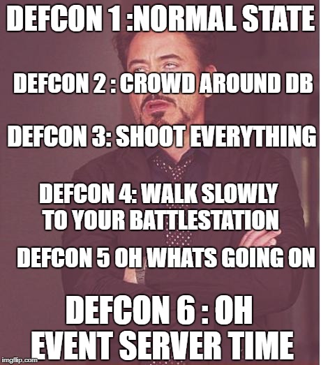 Defcons on IceFuse | DEFCON 1 :NORMAL STATE; DEFCON 2 : CROWD AROUND DB; DEFCON 3: SHOOT EVERYTHING; DEFCON 4: WALK SLOWLY TO YOUR BATTLESTATION; DEFCON 5 OH WHATS GOING ON; DEFCON 6 : OH EVENT SERVER TIME | image tagged in memes,face you make robert downey jr,gmod | made w/ Imgflip meme maker
