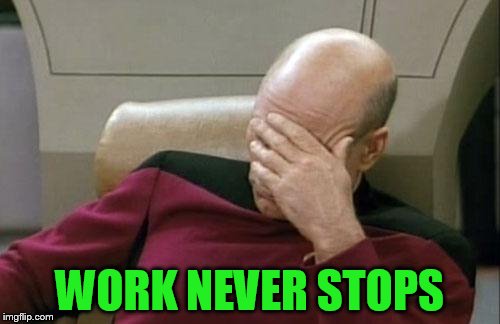 Captain Picard Facepalm Meme | WORK NEVER STOPS | image tagged in memes,captain picard facepalm | made w/ Imgflip meme maker